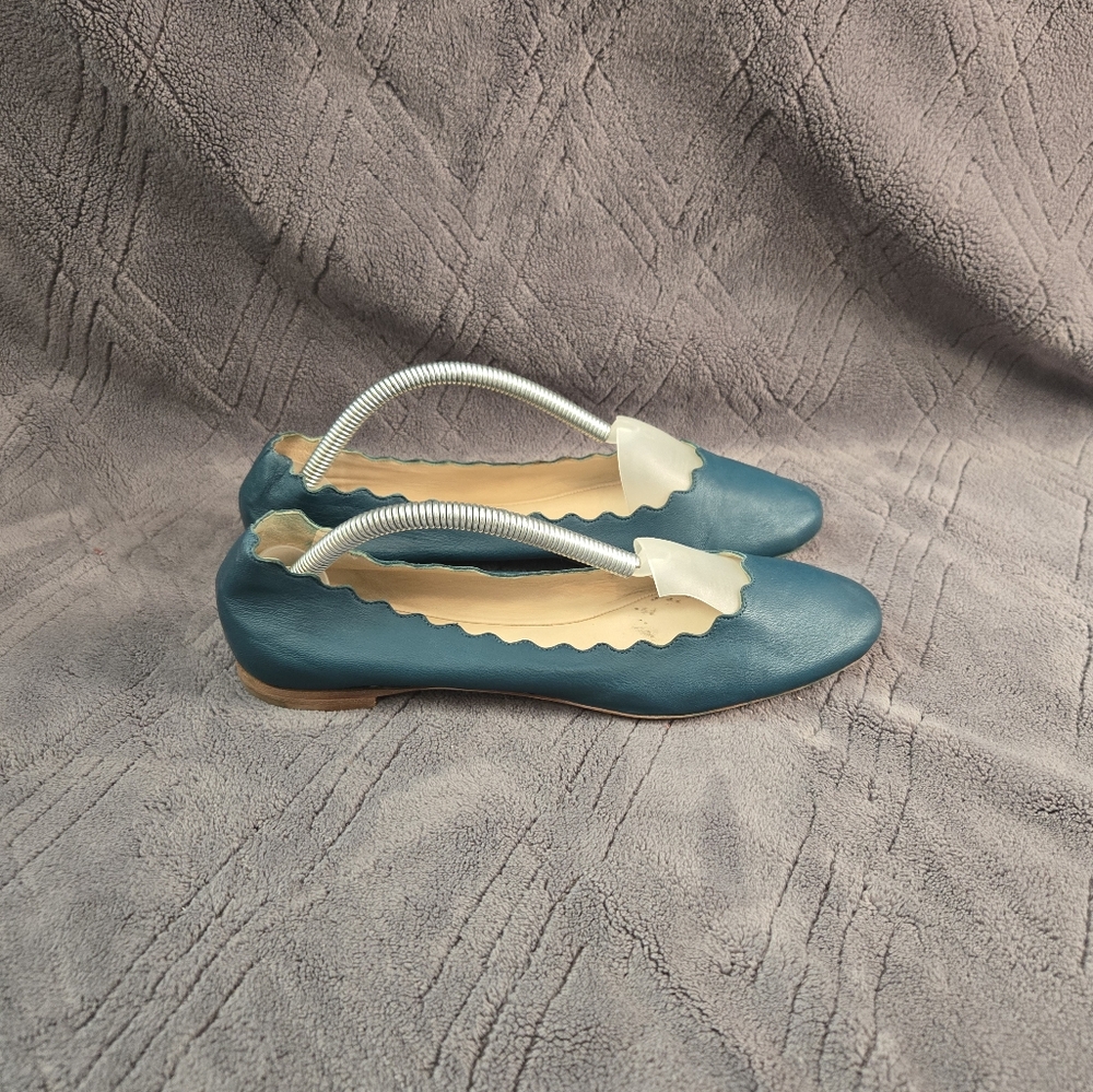 Chloe Teal Blue Leather Ballet Flats with Cream Accent